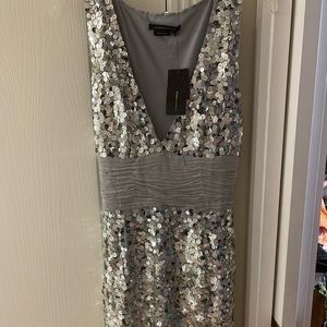 NEW WITHOUT TAGS BCBG Silver sequin dress silk beaded M. holiday new years
